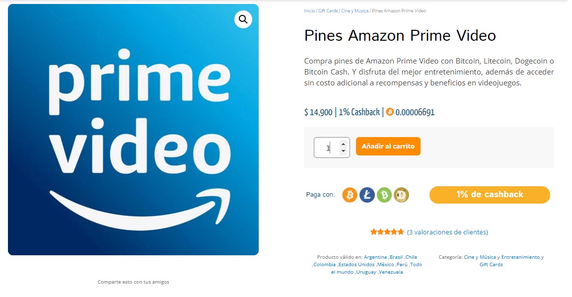 comprar pines de amazon prime video con bitcoin