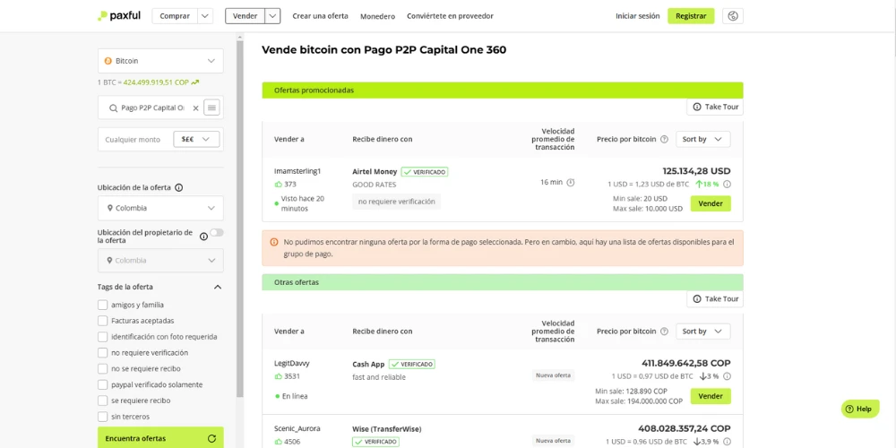 Vender bitcoin en Paxfull interfast